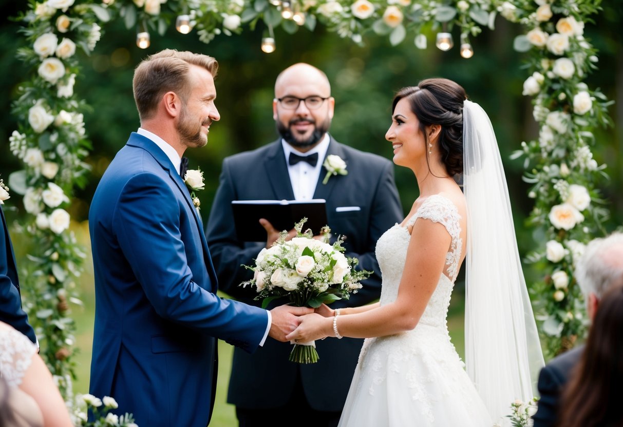 The officiant stands before the couple, holding a bouquet and asking who gives the bride away. The bride and groom stand beside each other, surrounded by wedding decorations