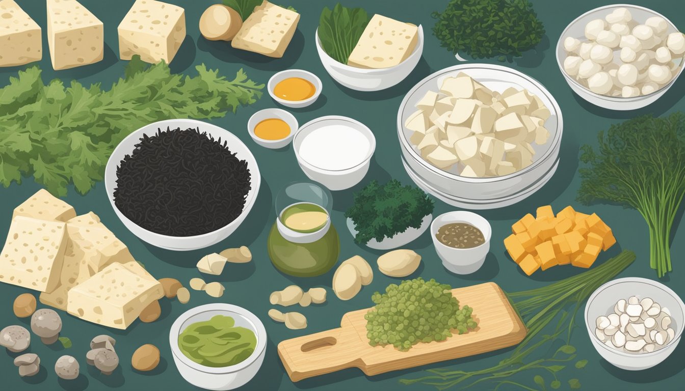 A variety of ingredients, such as tofu, mushrooms, and seaweed, laid out on a kitchen counter as potential substitutes for cuttlefish in different diets