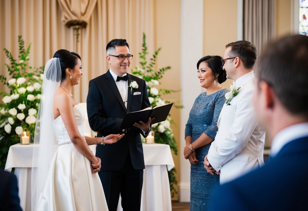 An officiant stands at the altar during a wedding ceremony, then transitions to a separate area for the reception