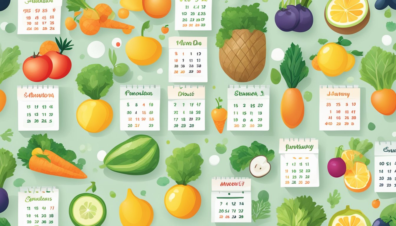 A calendar with fruit and vegetable icons replacing the dates