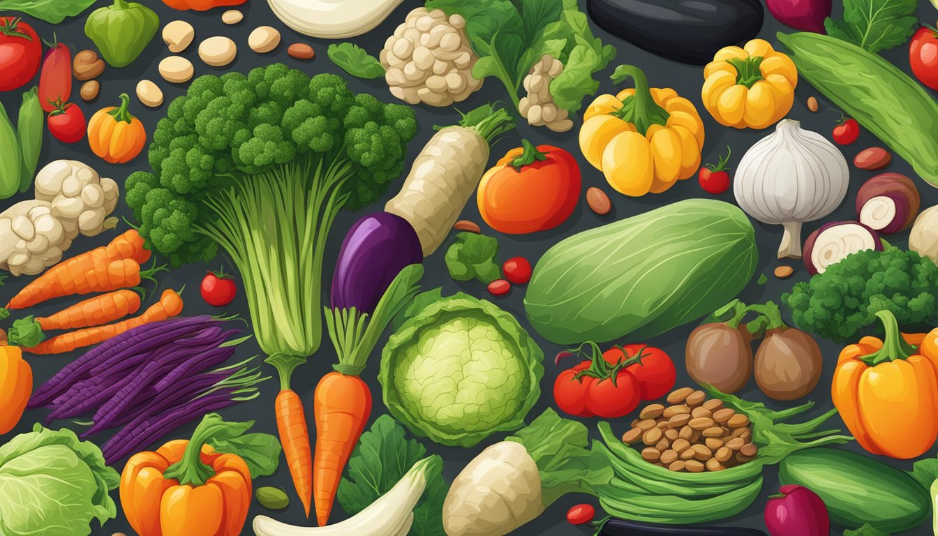 A colorful array of vegetables and legumes arranged in a vibrant, appetizing display