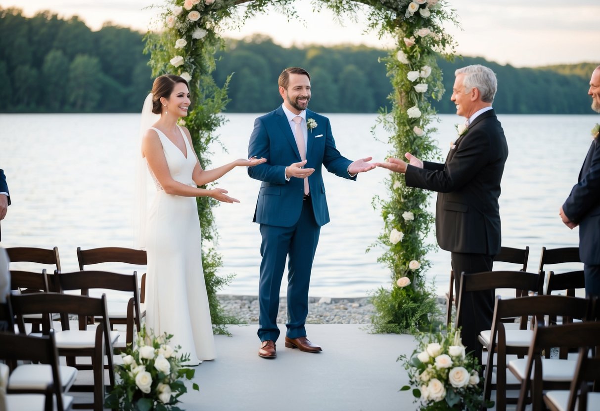 A couple stands before a serene lakeside altar, gesturing to an empty seat, as they smile and extend an invitation to an officiant