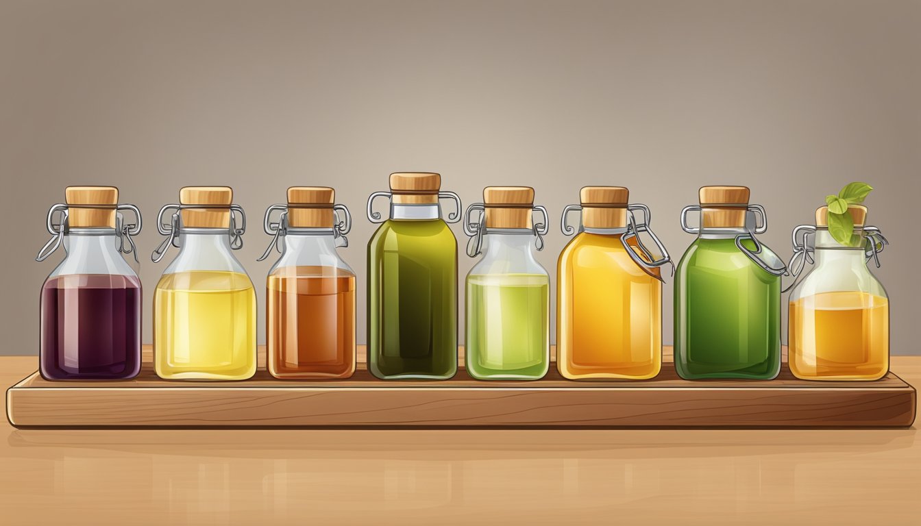 A variety of vinegars and alternative substitutes arranged on a wooden cutting board