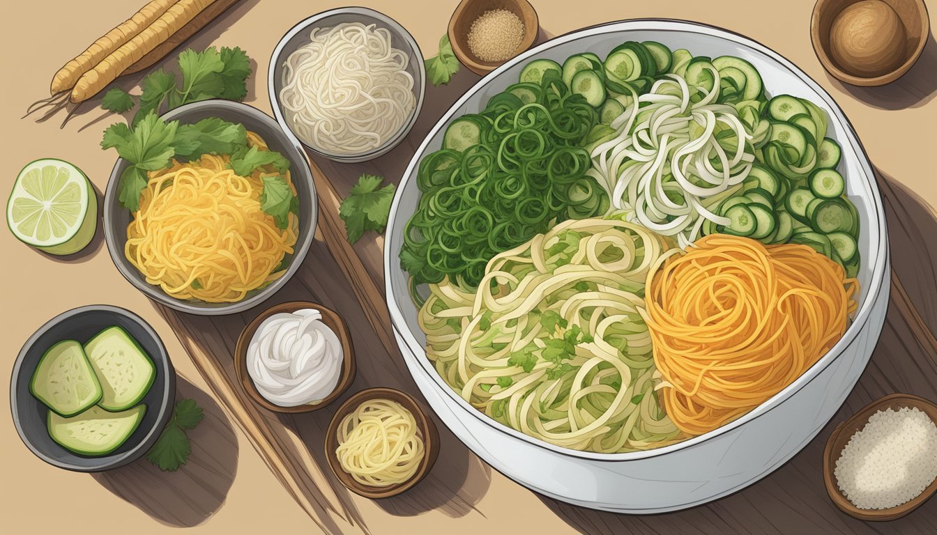 A bowl of daikon noodles surrounded by various substitute options like zucchini and sweet potato spirals, and spaghetti squash strands