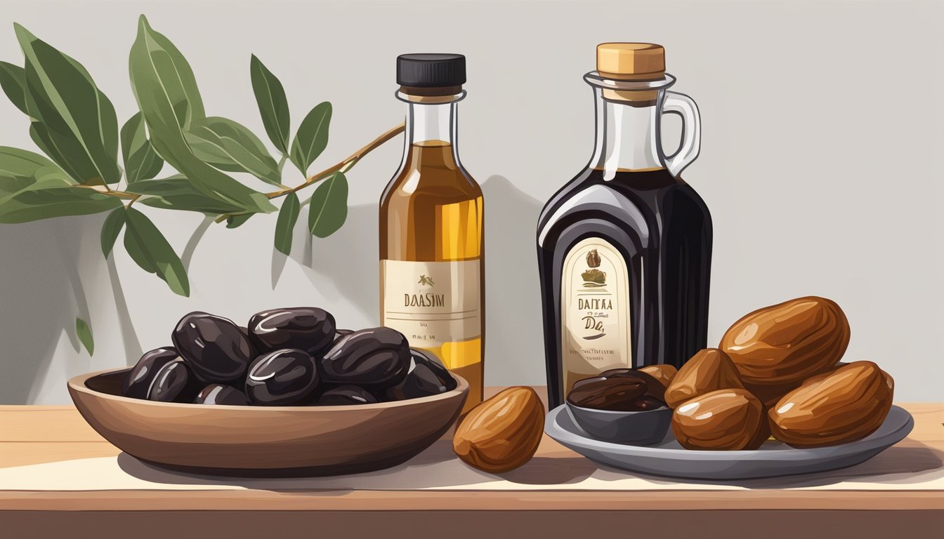 A bottle of balsamic vinegar sits next to a bowl of fresh dates, with a small dish of date vinegar nearby