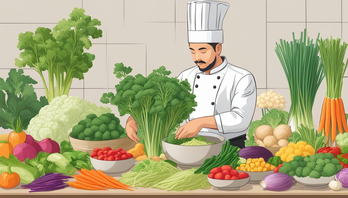 A chef carefully arranges vibrant daikon noodles in a bowl, surrounded by colorful vegetables and aromatic herbs