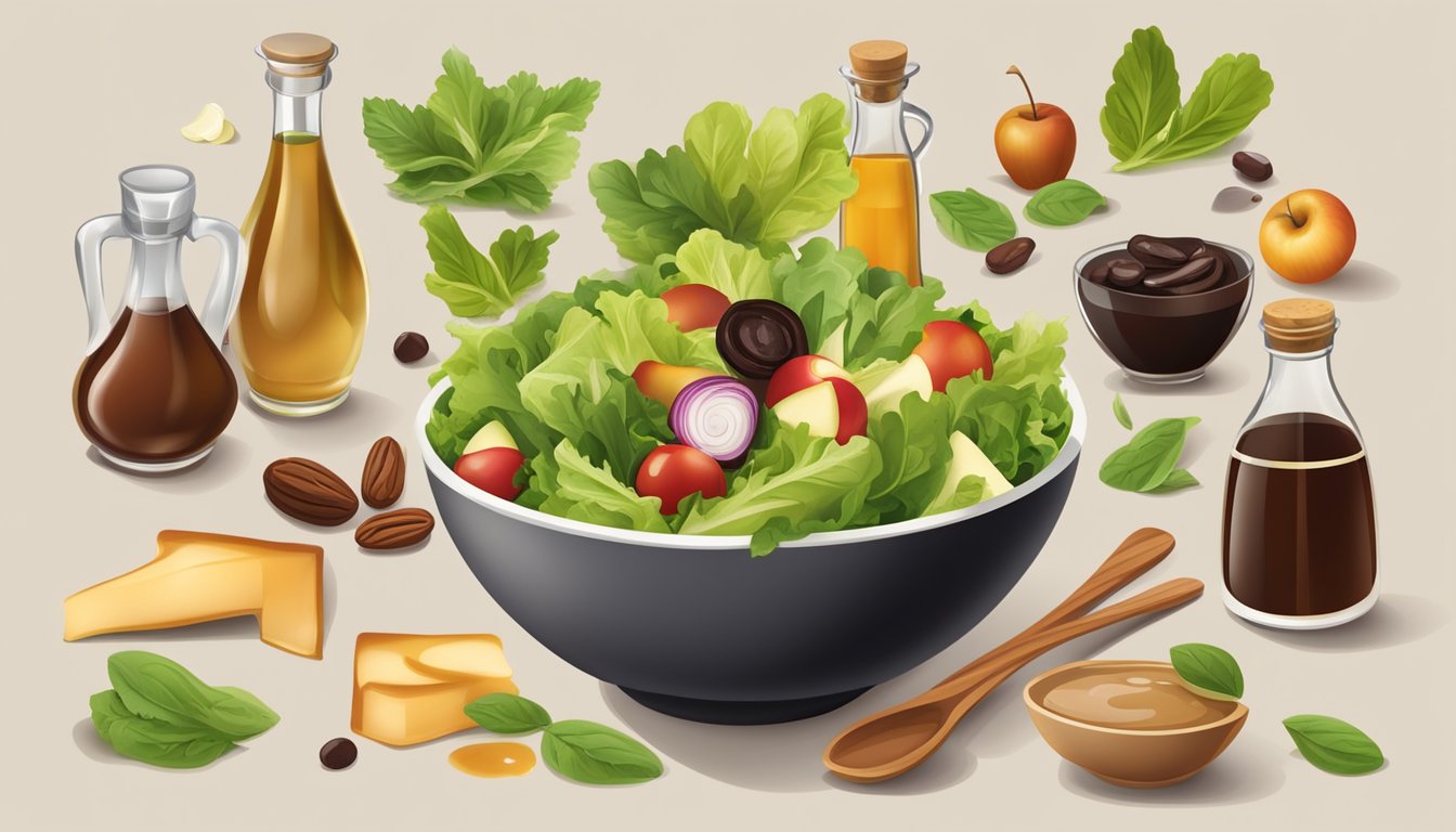 A bowl of salad dressing ingredients, including date vinegar, surrounded by various substitute options like balsamic vinegar and apple cider vinegar