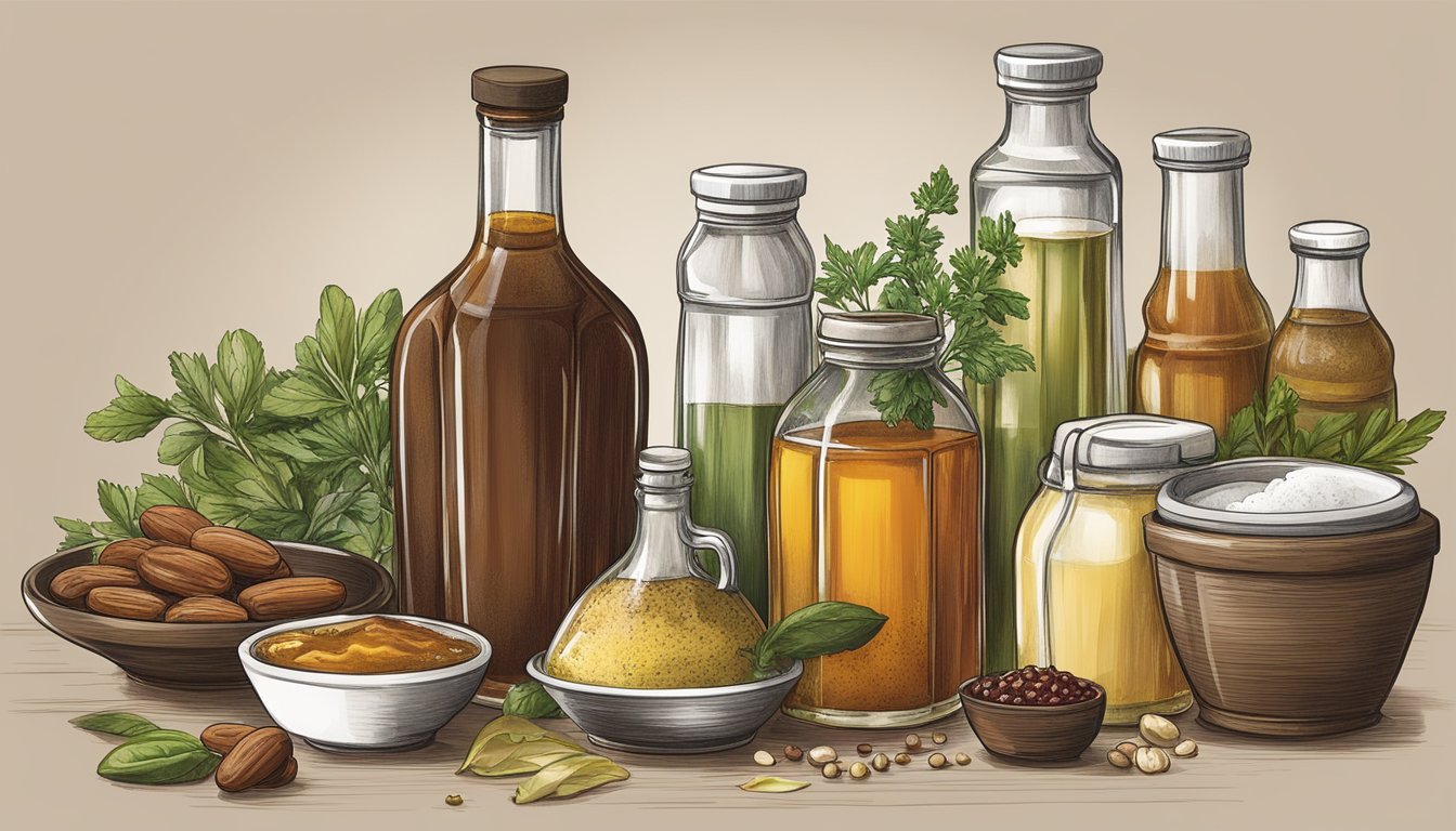 A bottle of date vinegar stands next to various marinade and sauce ingredients, including herbs, spices, and other types of vinegar