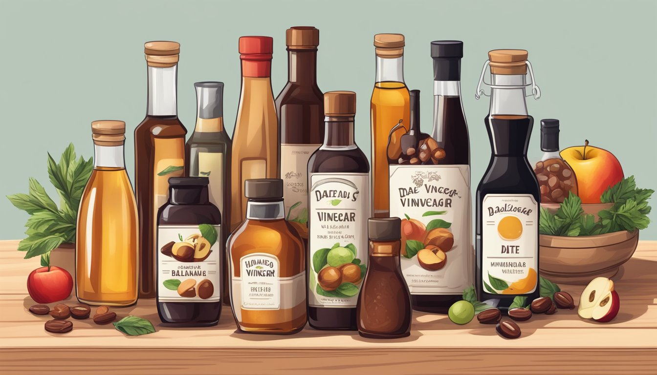 A bottle of date vinegar surrounded by various alternative ingredients like apple cider vinegar, balsamic vinegar, and red wine vinegar on a kitchen countertop