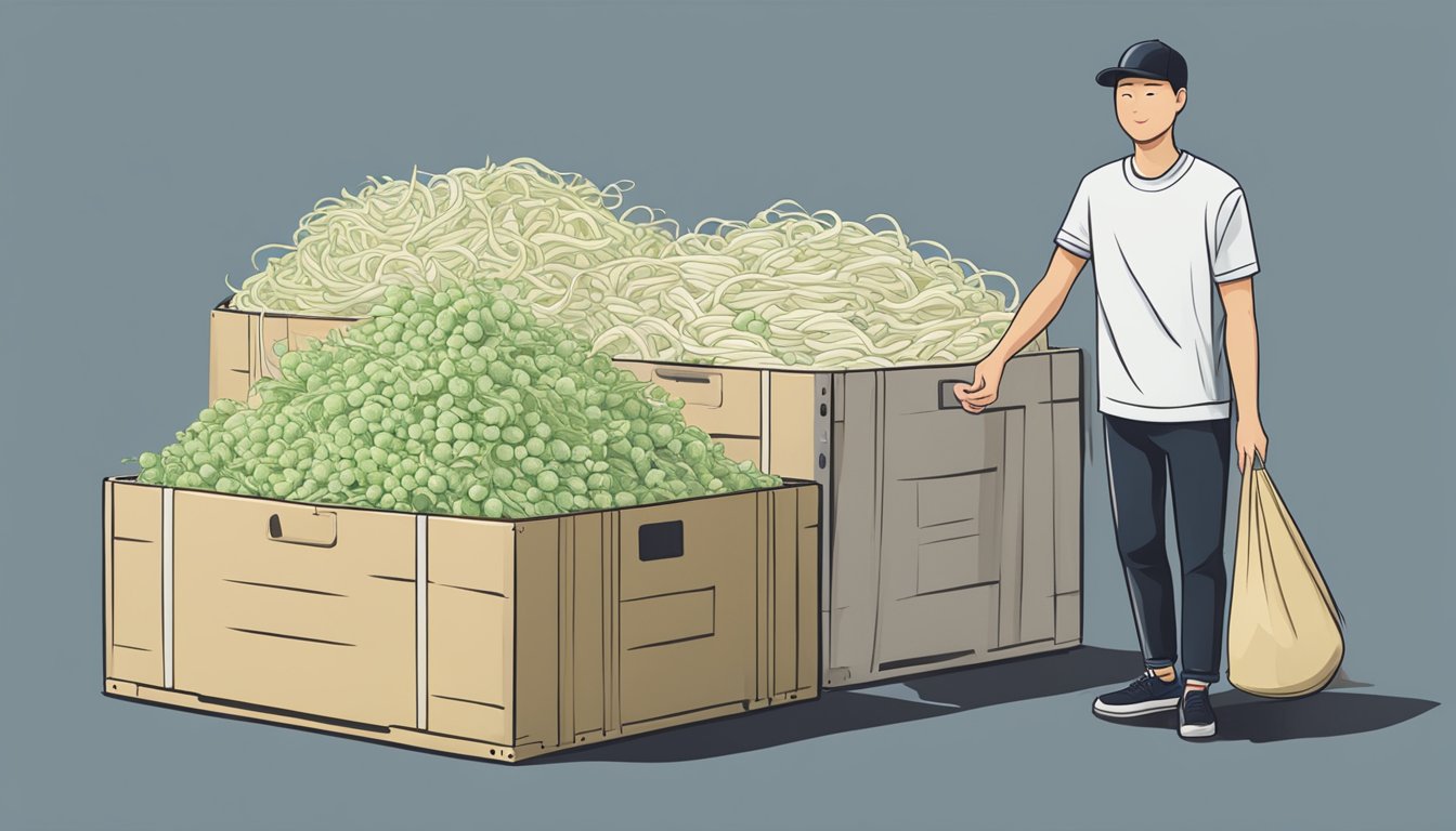 A person holding a bundle of daikon radishes while standing next to a large storage container filled with daikon noodles