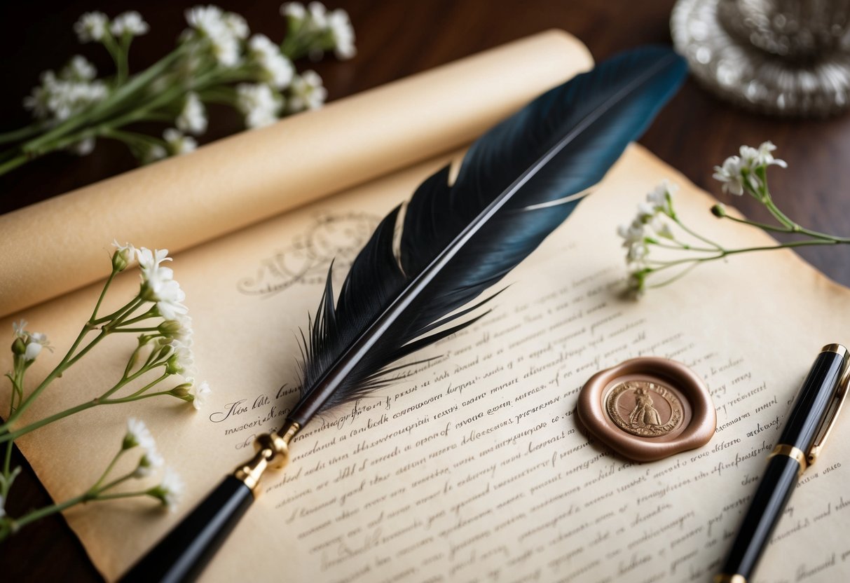 A quill pen poised over elegant parchment paper, surrounded by delicate floral decorations and a wax seal