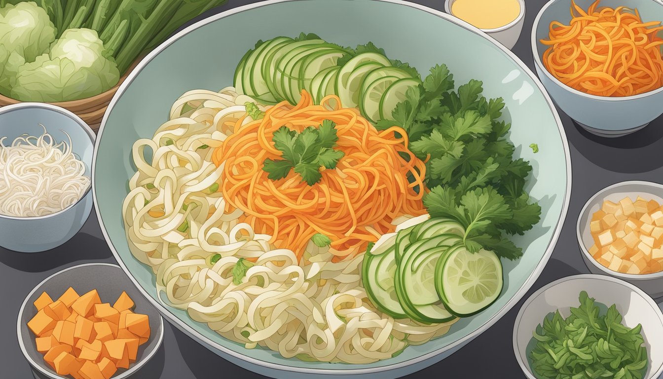 A bowl of daikon noodles surrounded by various vegetable substitutes: zucchini, sweet potato, and carrot, all cut into noodle-like shapes