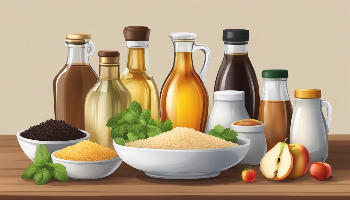 A table with various ingredients and condiments from different cultures, including rice vinegar, apple cider vinegar, and balsamic vinegar