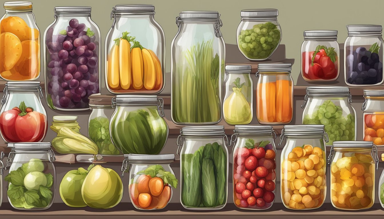 A collection of various fruits and vegetables sitting in jars filled with different types of vinegar, showcasing the process of preservation and pickling with substitutes