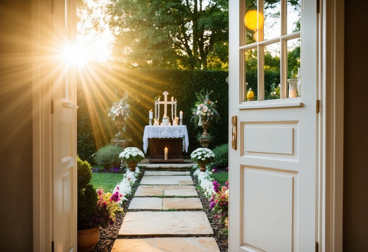 An open door with a warm light invitingly shining through, leading to a peaceful garden setting with a beautifully decorated altar