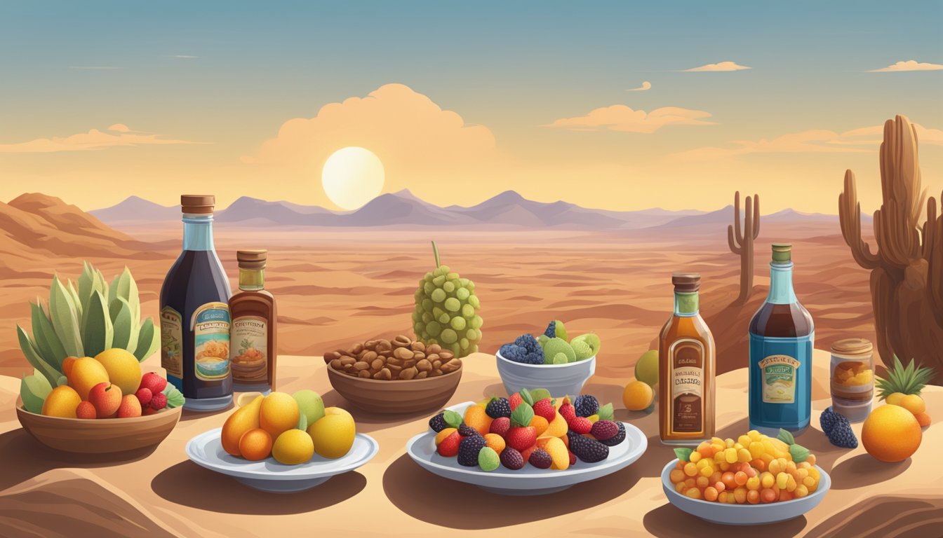 A desert landscape with various sweet fruits and desserts, alongside bottles of date vinegar substitutes