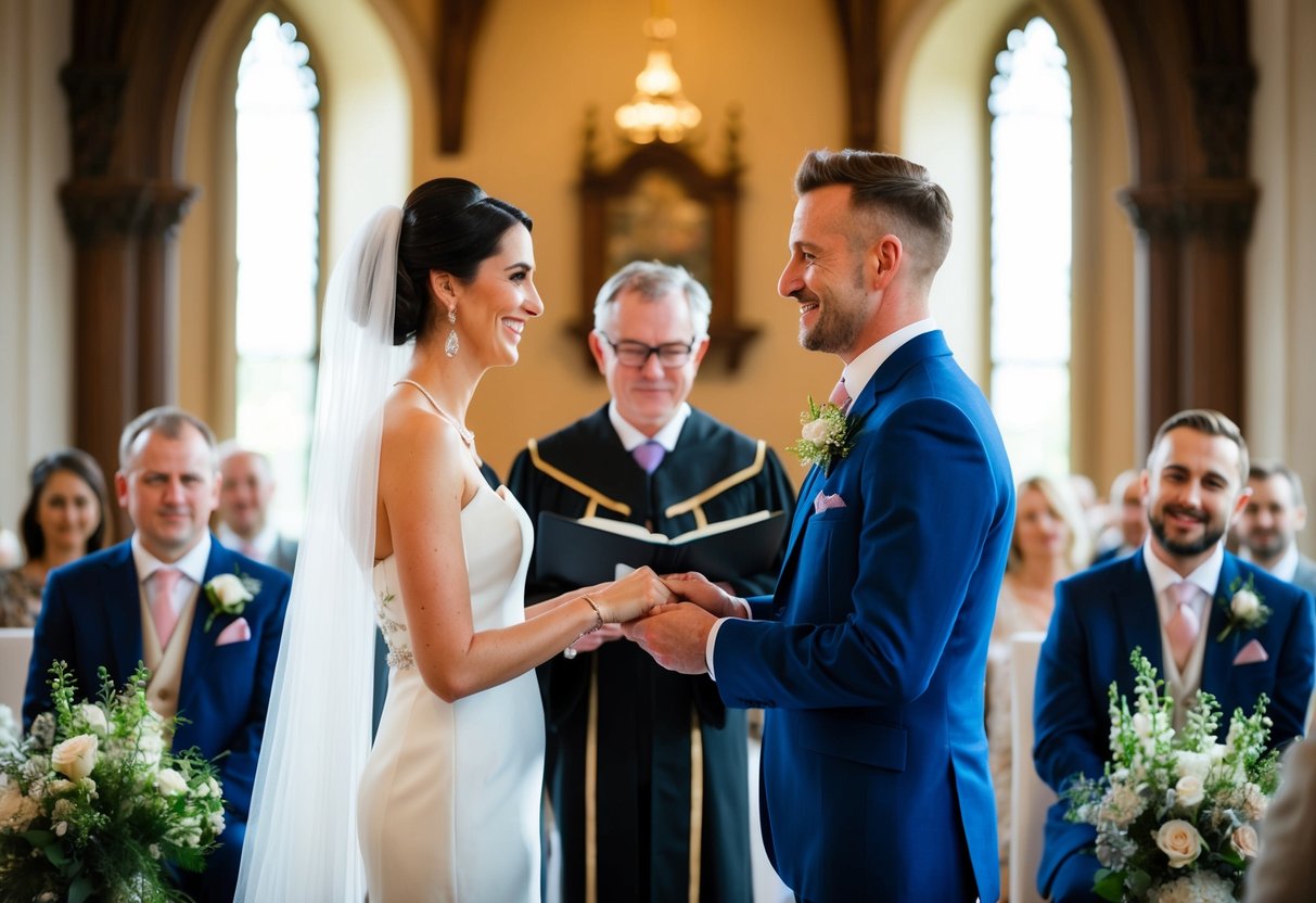 A celebrant stands before a couple, exchanging vows in a traditional UK wedding setting