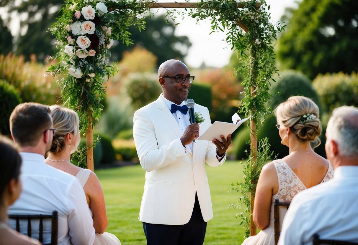 A celebrant conducting a wedding ceremony in a beautiful garden setting