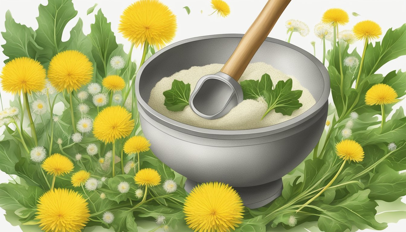 A mortar and pestle grinding dandelion roots into a fine powder, surrounded by fresh dandelion leaves and flowers