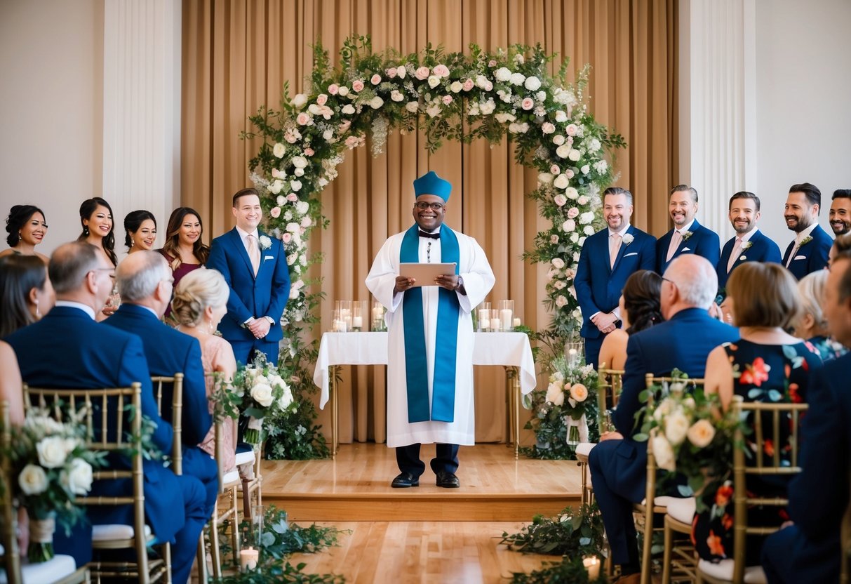A celebrant stands at the front of a beautifully decorated ceremony space, surrounded by happy guests