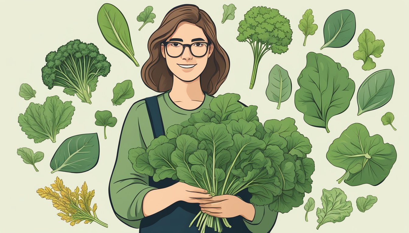 A person holding a bunch of dandelion leaves and considering various substitute options, such as spinach, kale, and arugula, while surrounded by different types of leafy greens