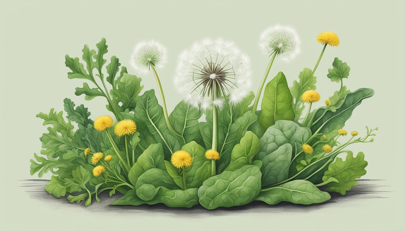 A dandelion plant surrounded by various leafy greens, showcasing potential substitutes in special diets