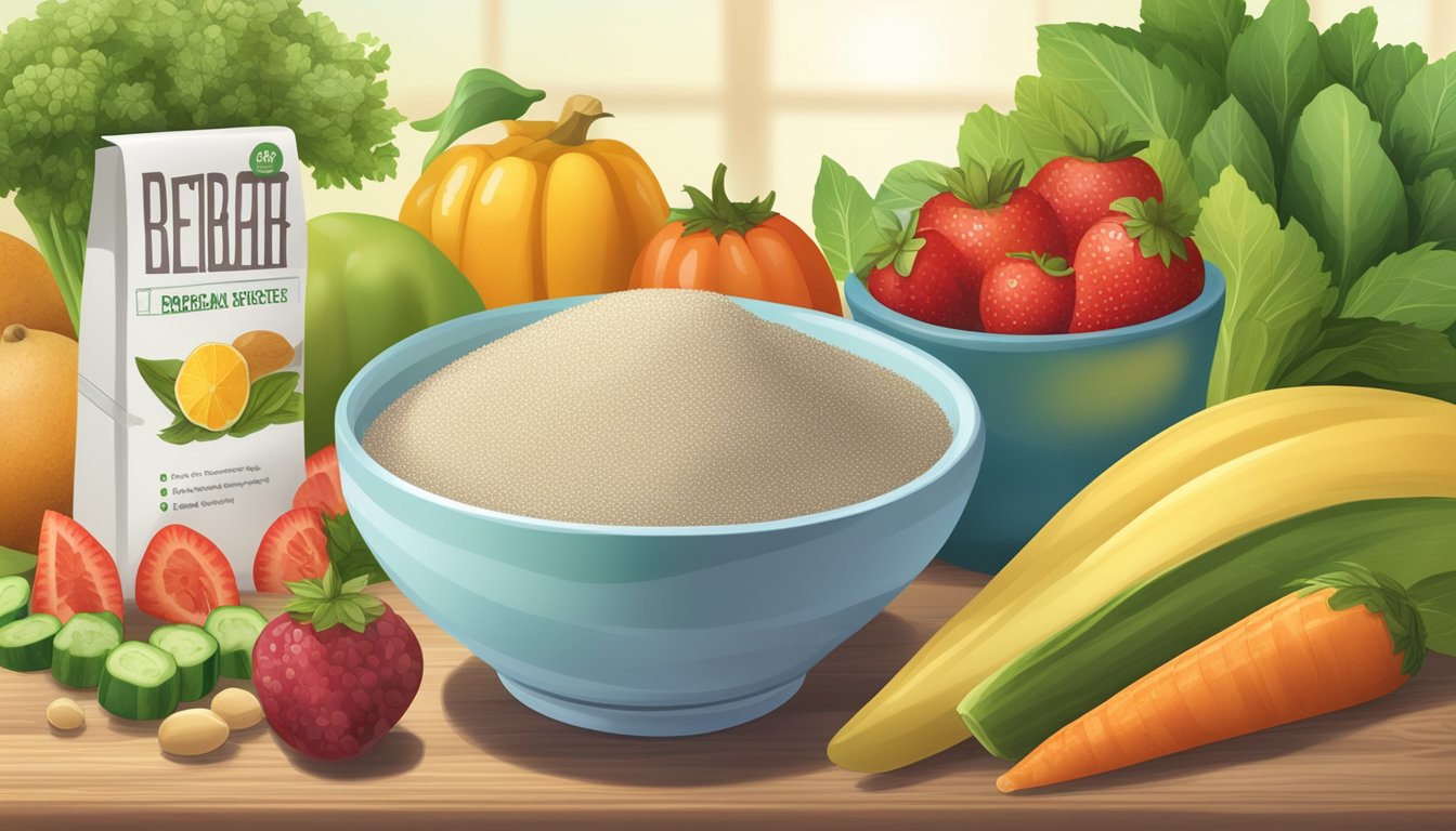 A bowl of demerara sugar substitutes surrounded by fresh fruits and vegetables, with a measuring spoon and nutrition label in the background