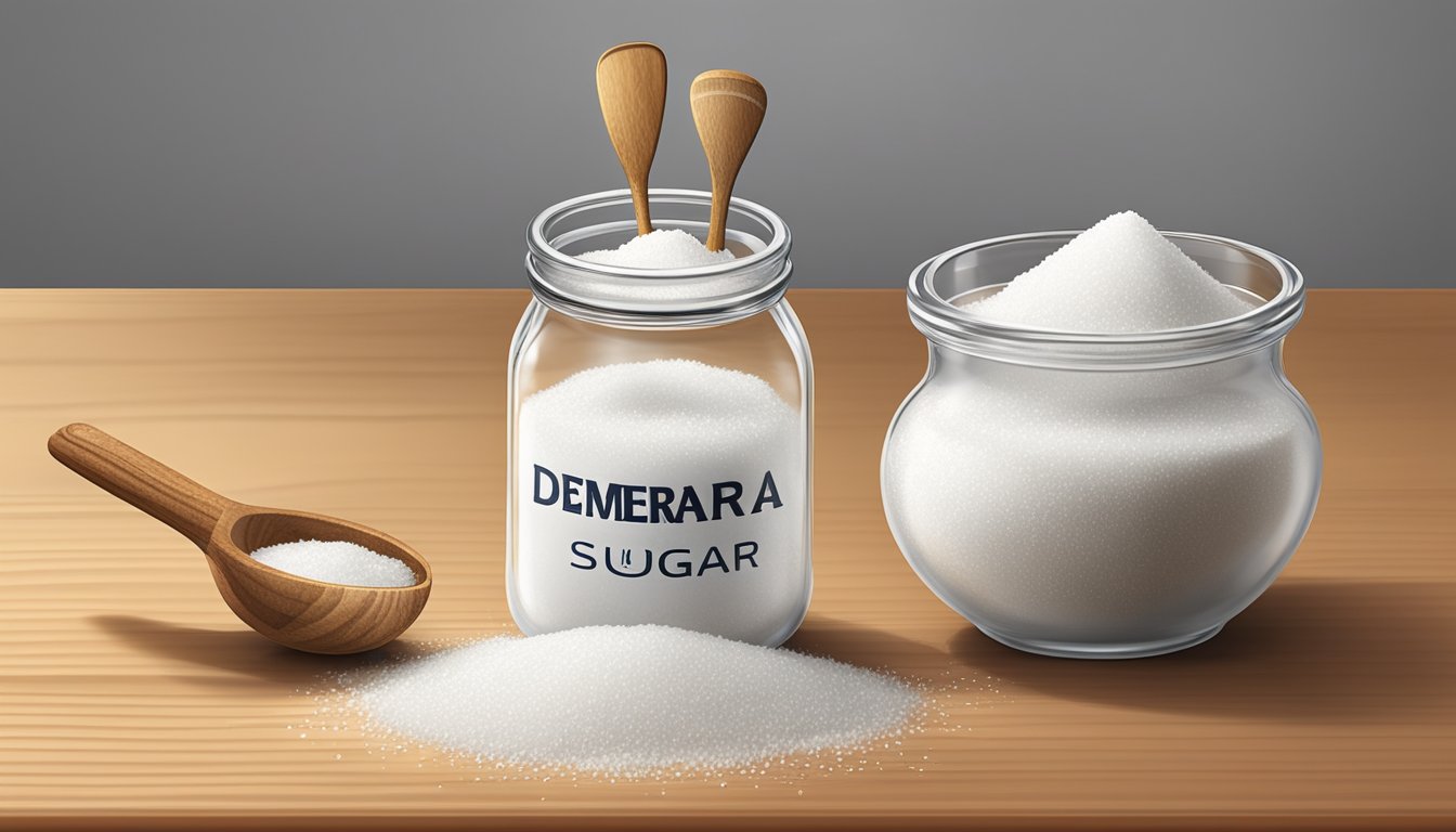 A wooden spoon scoops granulated sugar from a glass jar labeled "Demerara Sugar" into a measuring cup