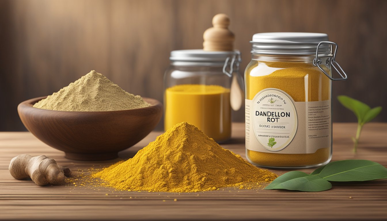 A jar of dandelion root powder sits next to various alternative substitutes, including turmeric and ginger, on a rustic wooden tabletop