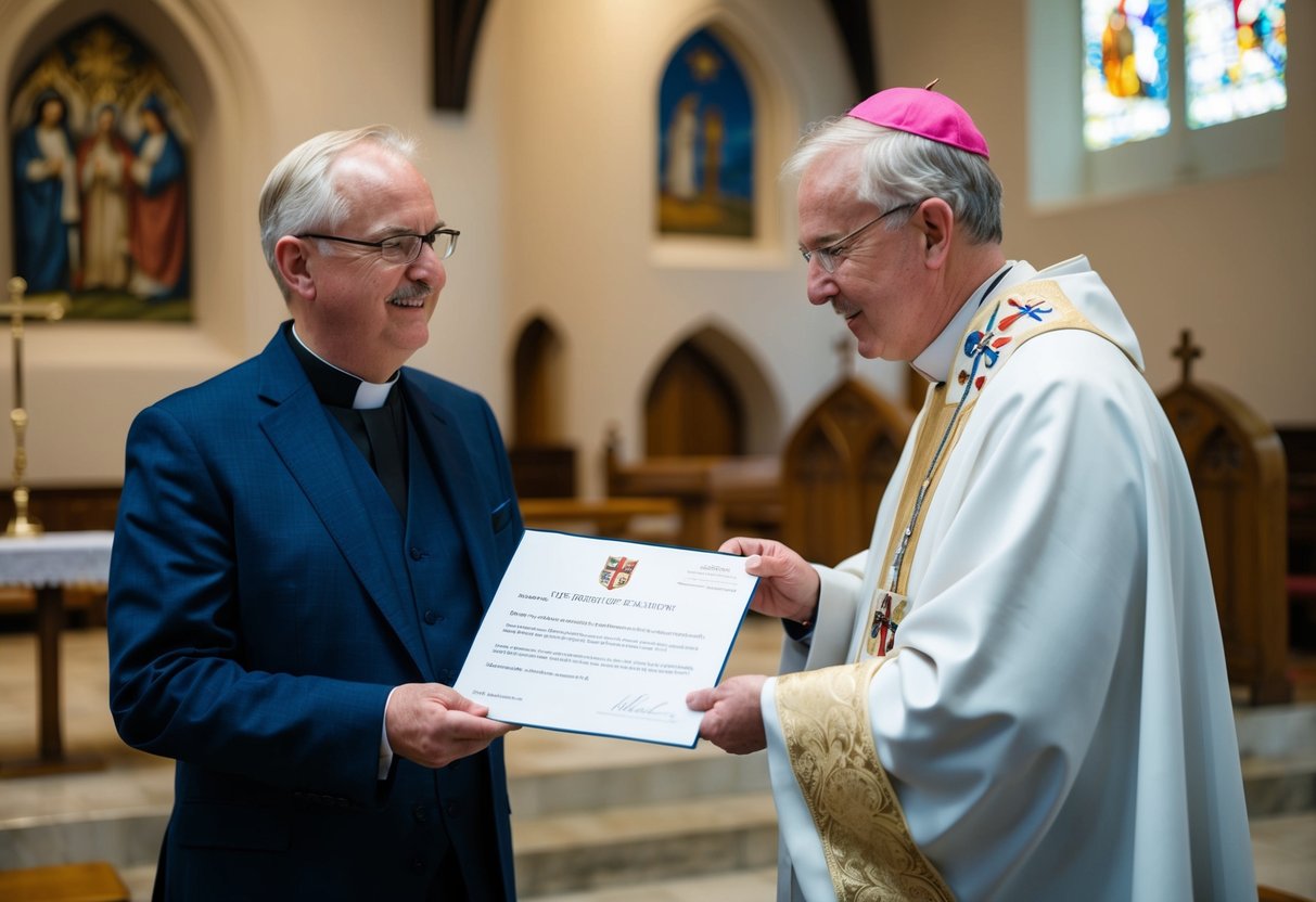 A priest receiving a letter of permission from the Church of England, standing in a peaceful church setting with a sense of authority and reverence