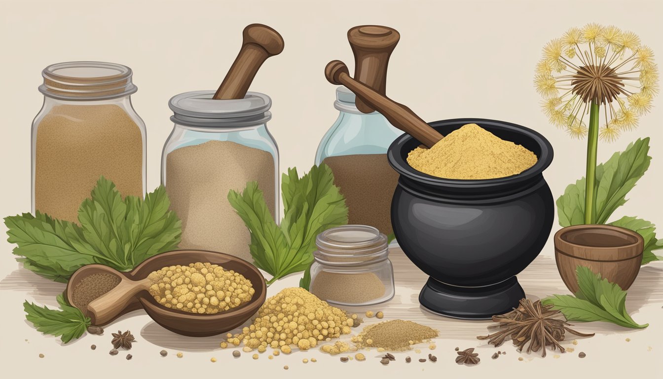 A mortar and pestle grinding dandelion root, surrounded by jars of alternative powders like chicory and burdock