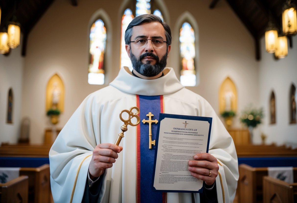 A figure standing in a church, holding a symbolic key and a document, surrounded by symbols of protection and authority