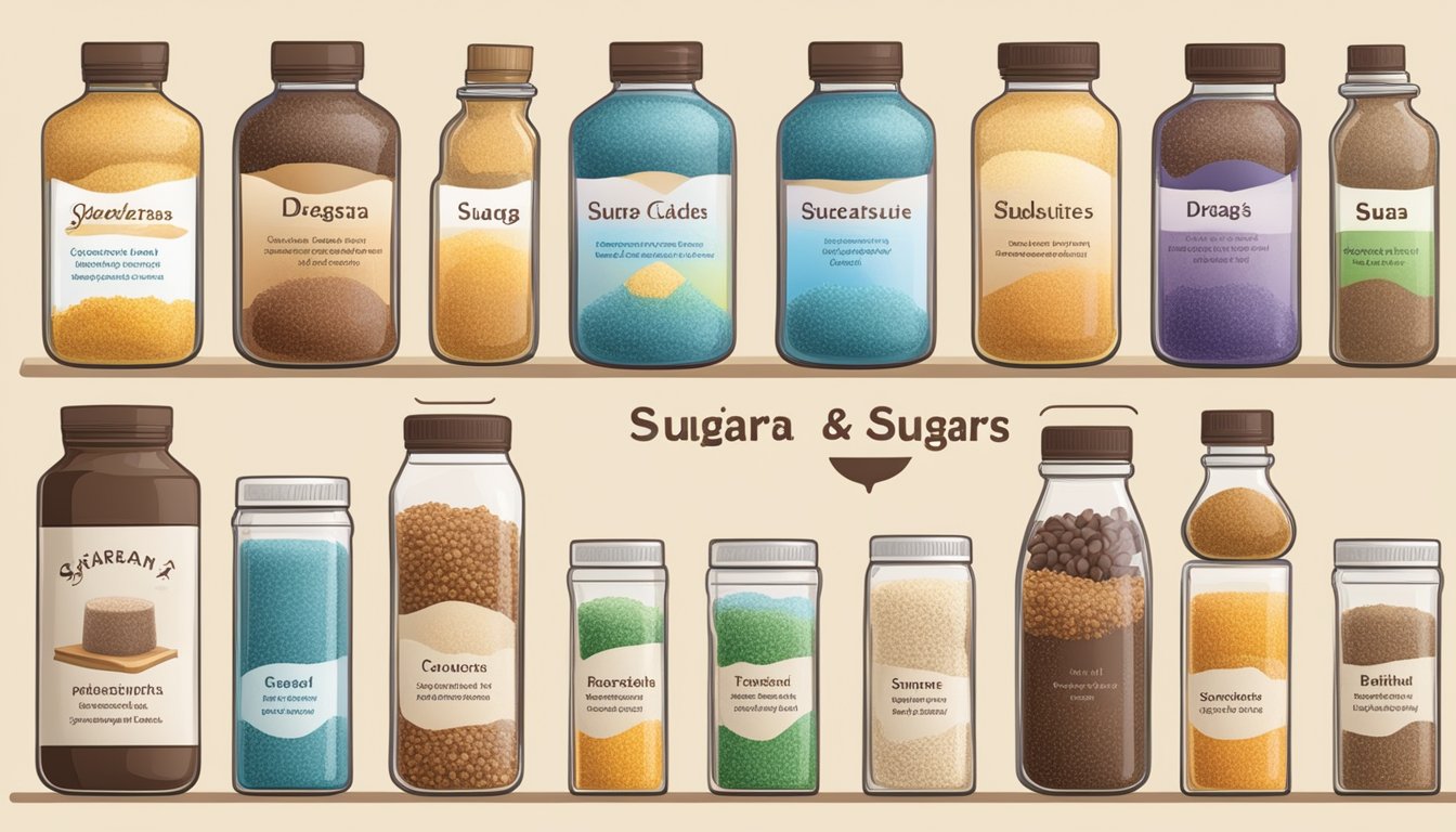 A table with various types of specialty sugars, including demerara and its substitutes, displayed in labeled containers for comparison