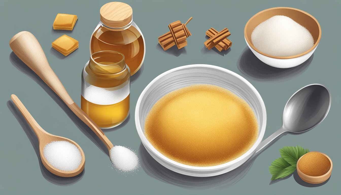 A kitchen counter with various demerara sugar substitutes (honey, maple syrup, coconut sugar) and a measuring spoon