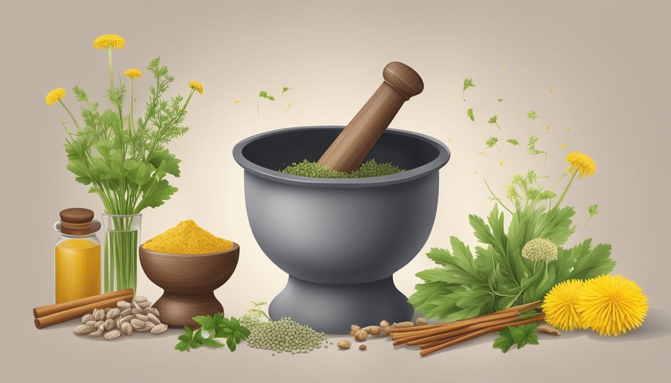 A mortar and pestle grinding dandelion roots, surrounded by various herbs and spices