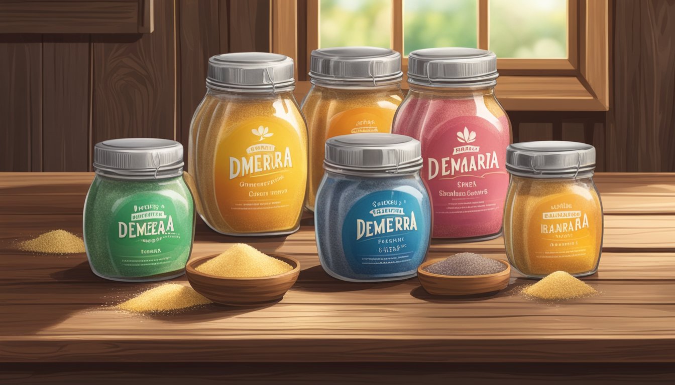 A variety of demerara sugar substitutes displayed on a rustic wooden table with natural light streaming in from a nearby window