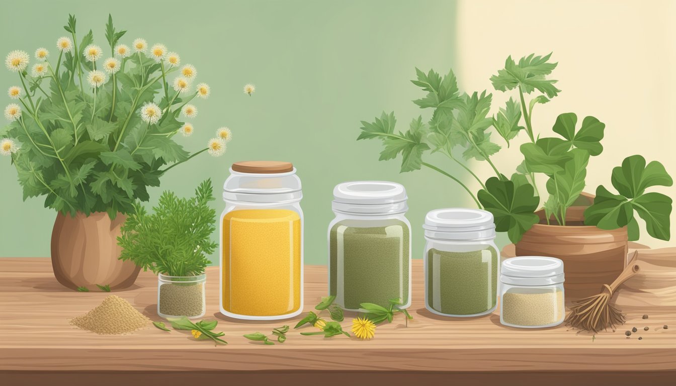 A jar of dandelion root powder next to various alternative substitutes on a wooden table, surrounded by fresh herbs and plants