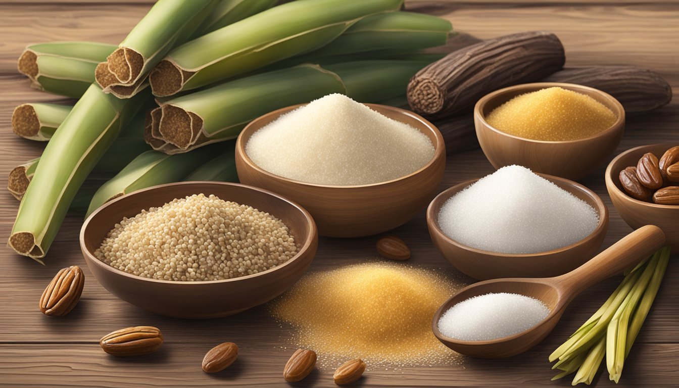 A variety of date sugar substitutes displayed on a rustic wooden table, surrounded by fresh dates and sugar cane