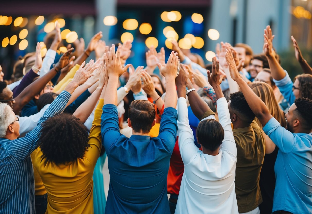 A group of diverse people gathered in a circle, raising their arms in celebration. The scene is filled with joy and unity, regardless of religious beliefs
