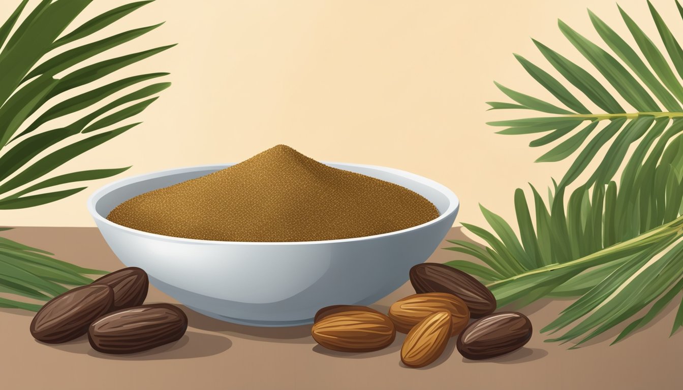 A bowl of date sugar substitutes surrounded by fresh dates and date palm leaves