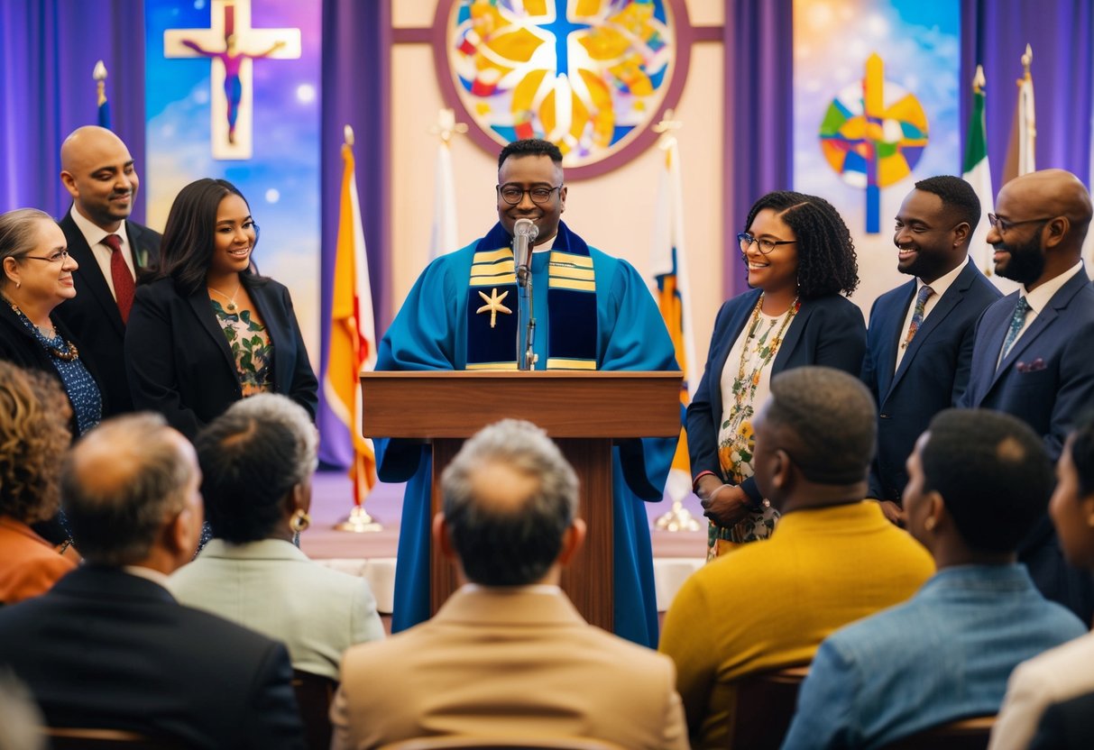 A celebrant stands at a podium, surrounded by diverse symbols of faith and spirituality. They engage with a group of people from various backgrounds, demonstrating inclusivity and understanding