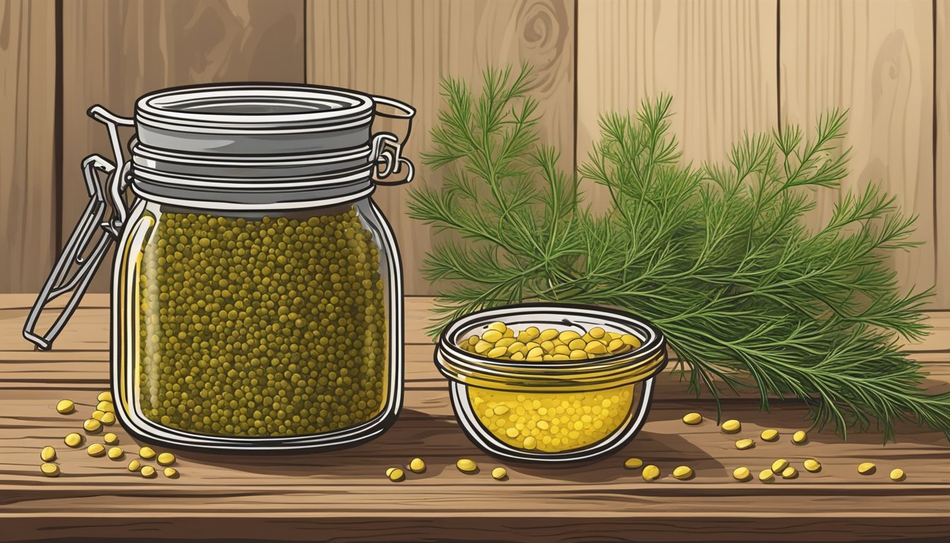 A jar of dill mustard sits on a rustic wooden table, surrounded by fresh dill sprigs and mustard seeds