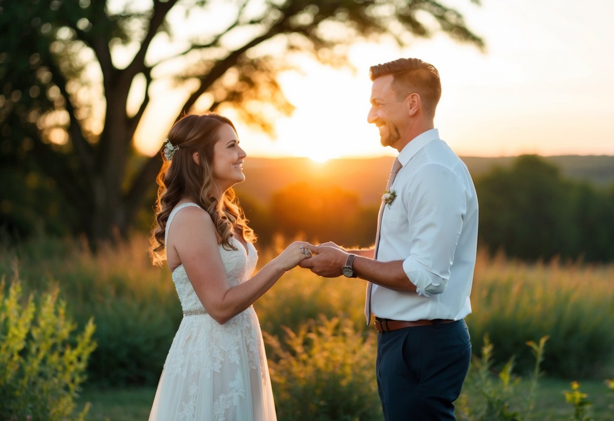 A celebrant stands in a peaceful outdoor setting, surrounded by nature. The sun is setting, casting a warm glow over the scene