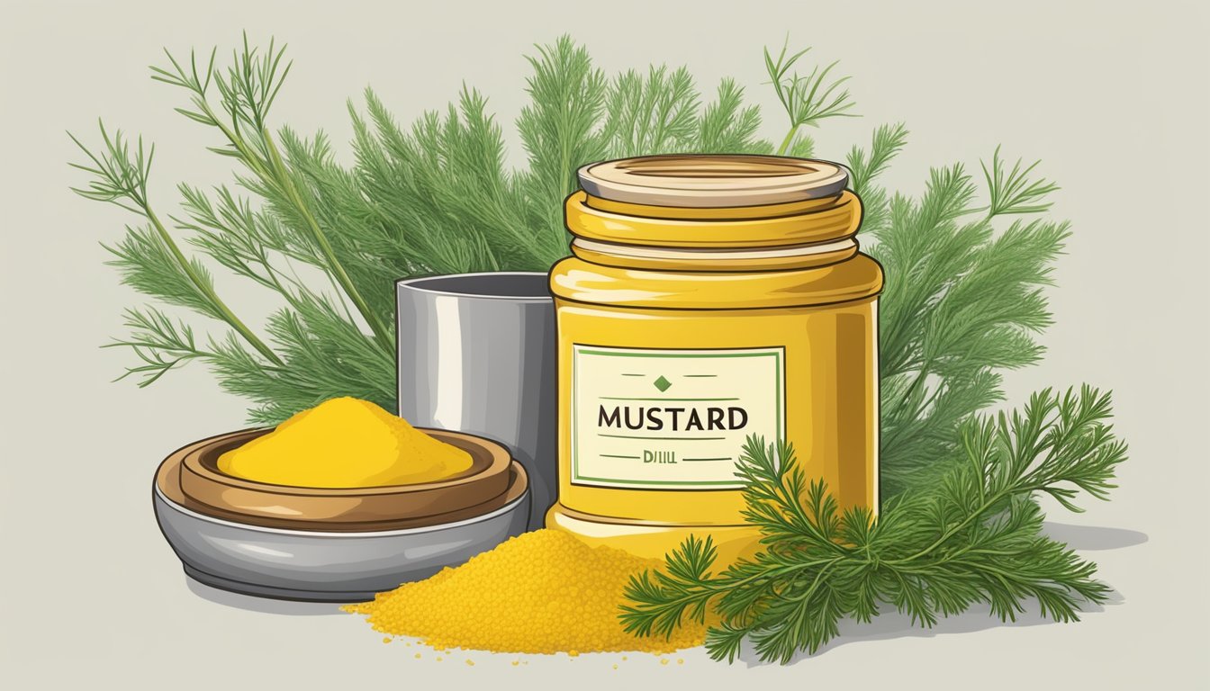 A jar of mustard surrounded by sprigs of fresh dill, with a mortar and pestle nearby for grinding