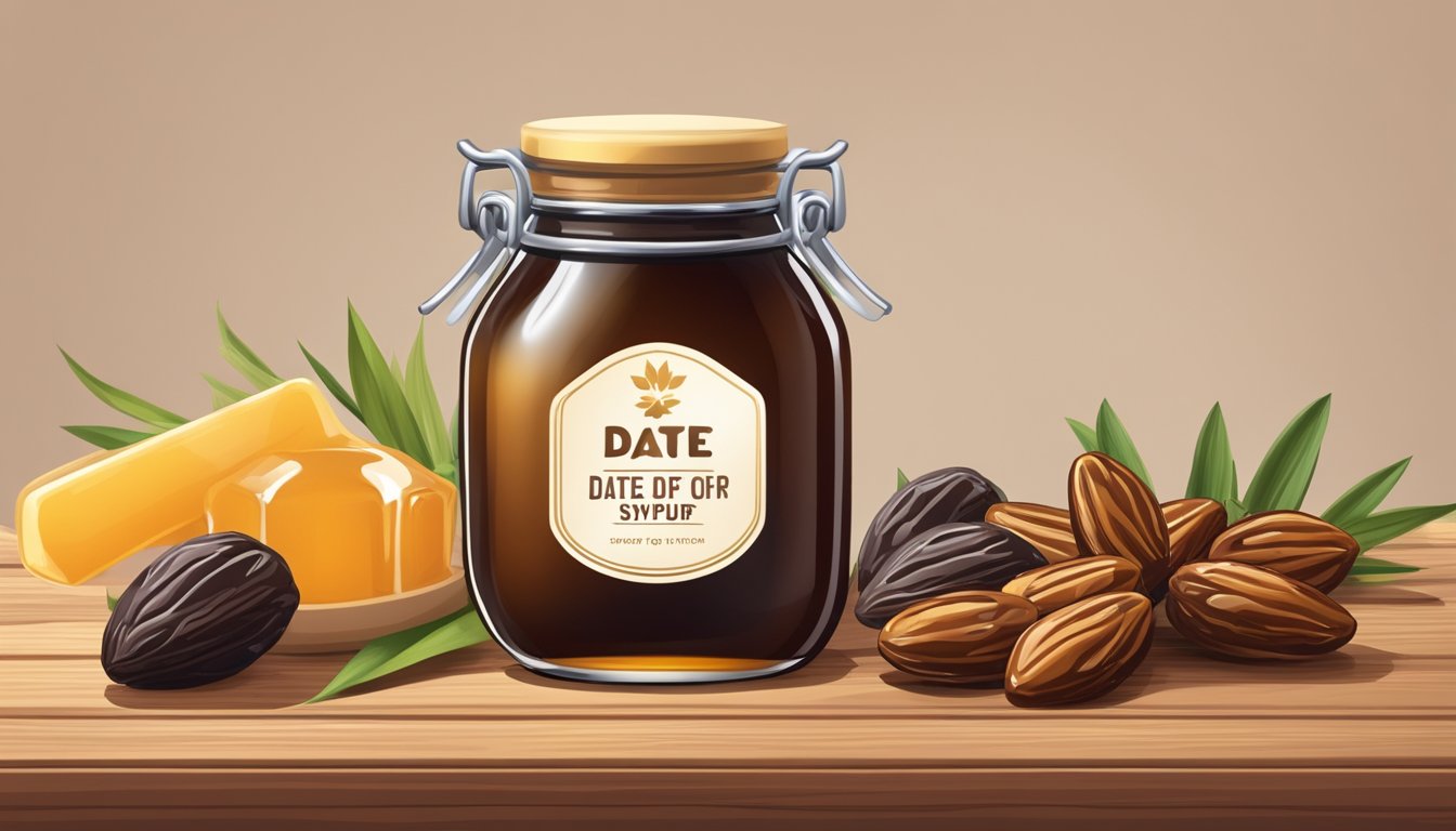 A jar of date syrup surrounded by fresh dates, honey, maple syrup, and agave nectar on a wooden table