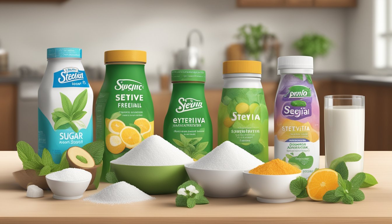 A variety of sugar alternatives displayed on a kitchen counter, including stevia, monk fruit, erythritol, and xylitol