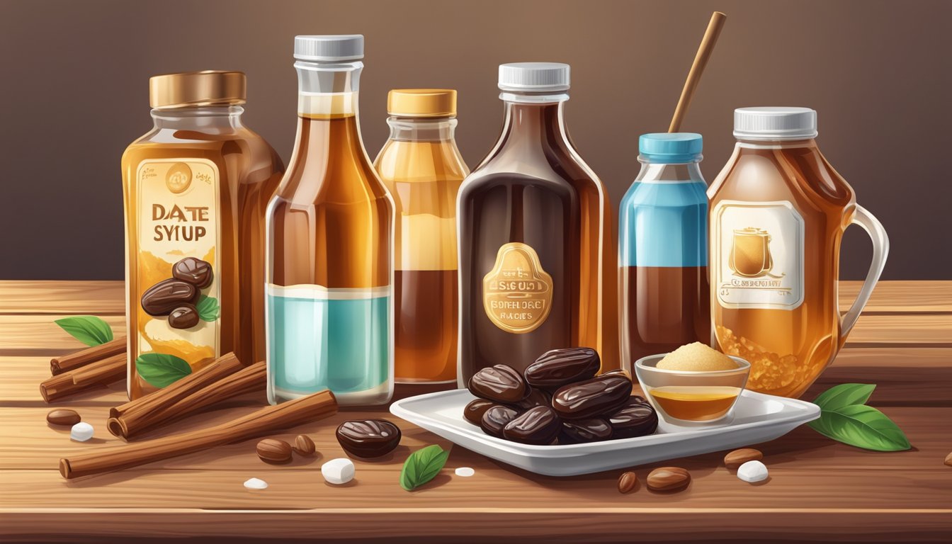 A glass bottle of date syrup surrounded by various sugar alcohols and novel sweeteners on a wooden table