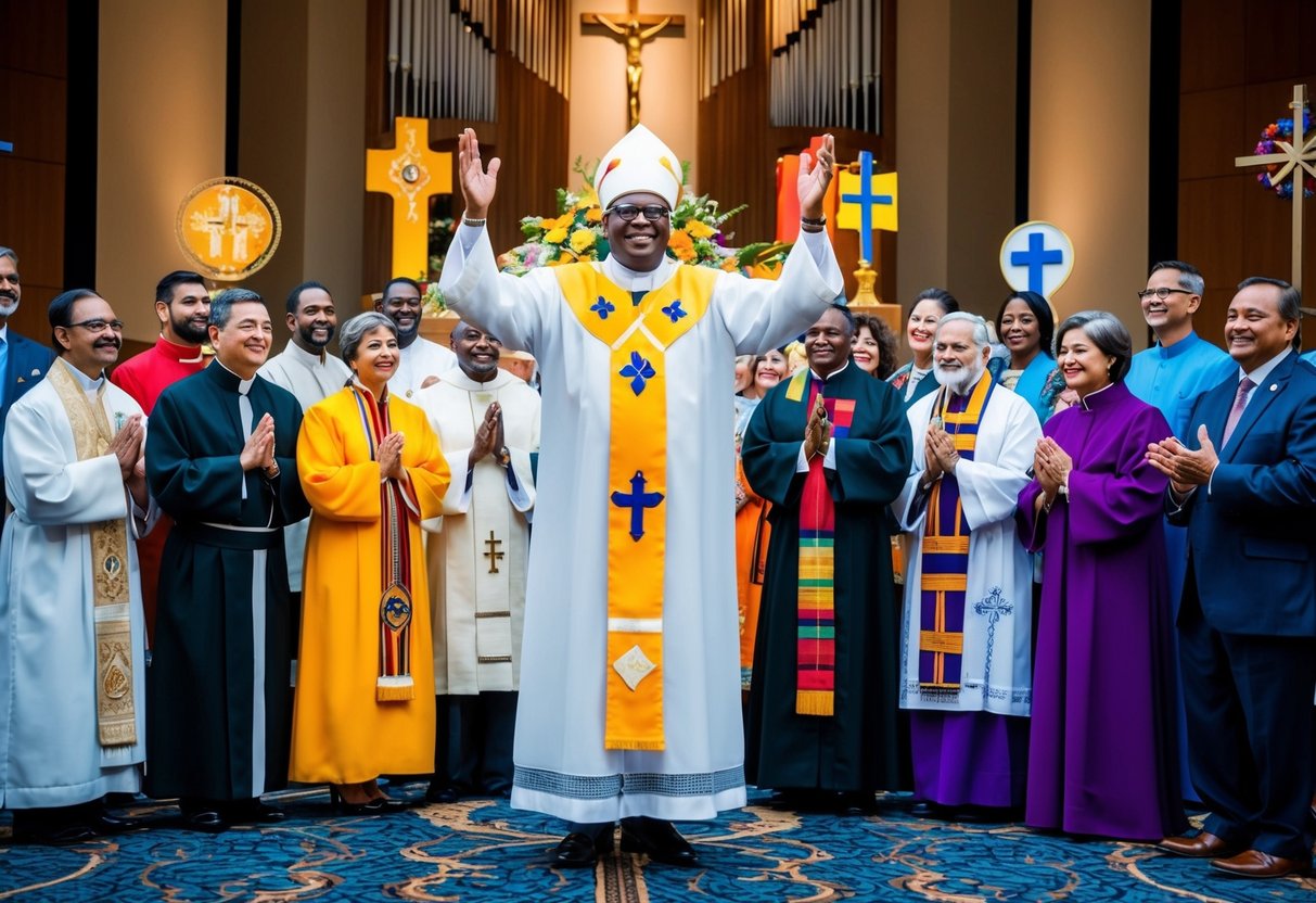 A celebrant stands before a diverse group, symbolizing various faiths and beliefs. They are surrounded by different religious symbols, indicating inclusivity