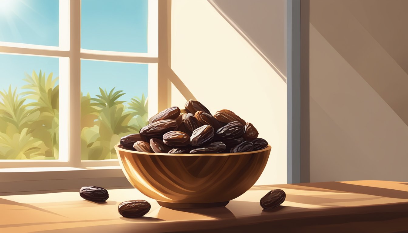 A bowl of dates on a wooden table, surrounded by warm sunlight streaming through a window, with shadows casting a soft glow