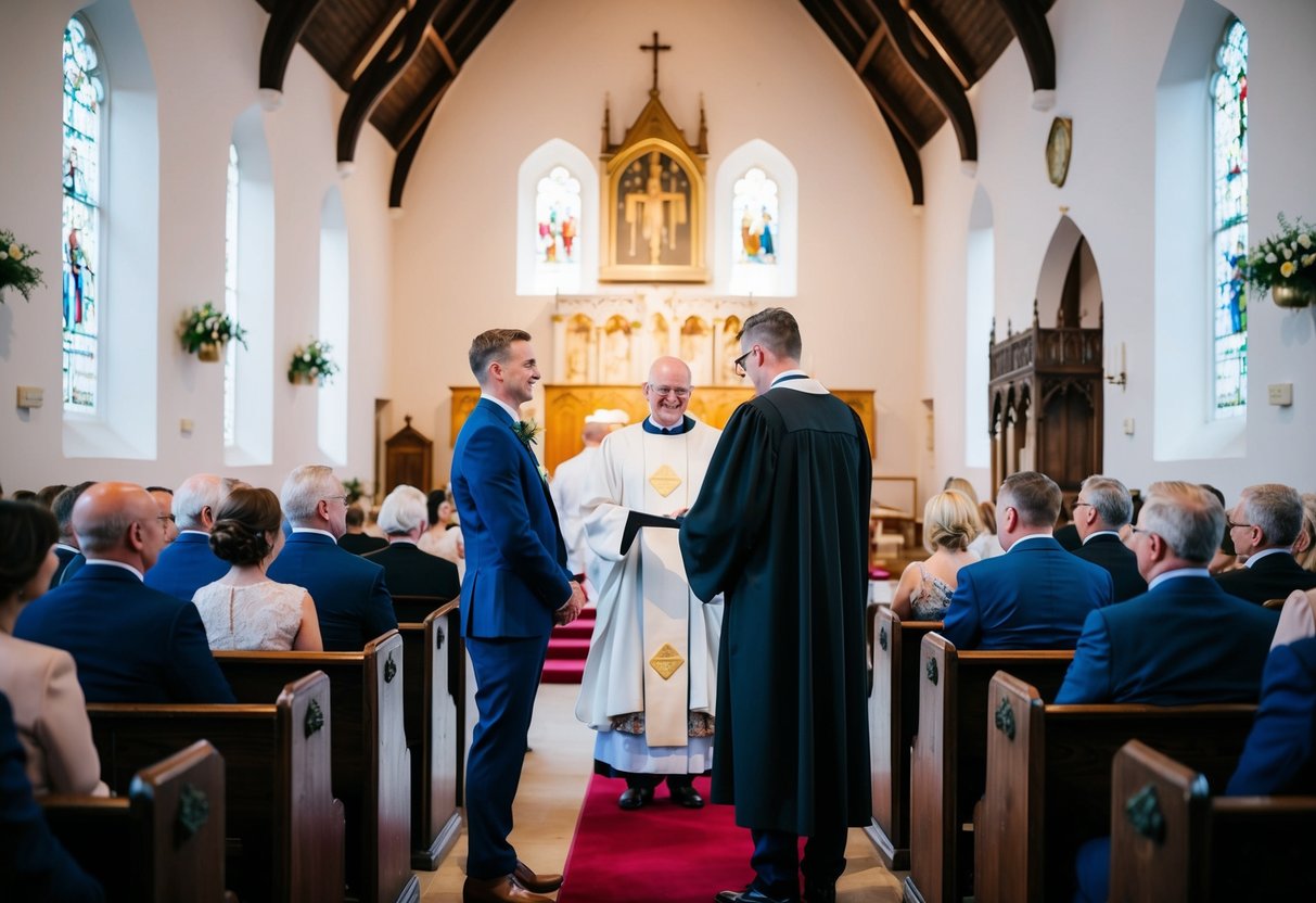A pastor officiates a wedding in a traditional church setting in the UK, with the couple standing before them and the congregation seated in pews